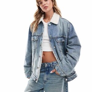 ASOS DESIGN Denim Borg Jacket in Vintage Blue Cotton Oversized Size 0/XS Cozy